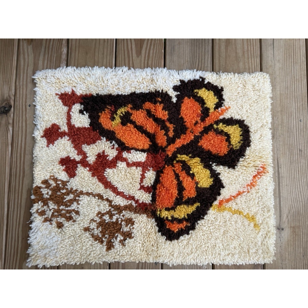 Vintage Handcrafted Latch Hook Rug/Wall Hanging Butterfly/Floral Design